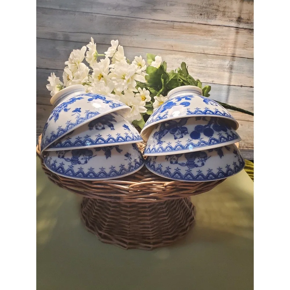Set of 6 Blue White Porcelain Rice Soup Bowls Asian Style